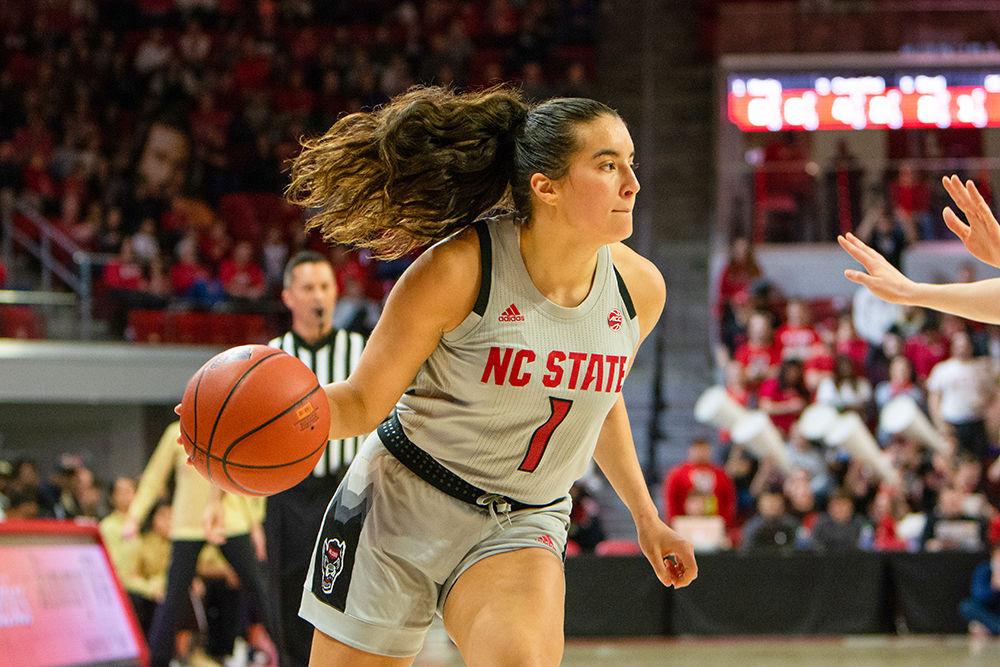 Senior guard Aislinn Konig dribbles against Georgia Tech on Sunday, Feb. 16, 2020 at Reynolds Coliseum. Konig scored zero points while playing all 40 minutes of the game, which the Wolfpack lost 65-61.