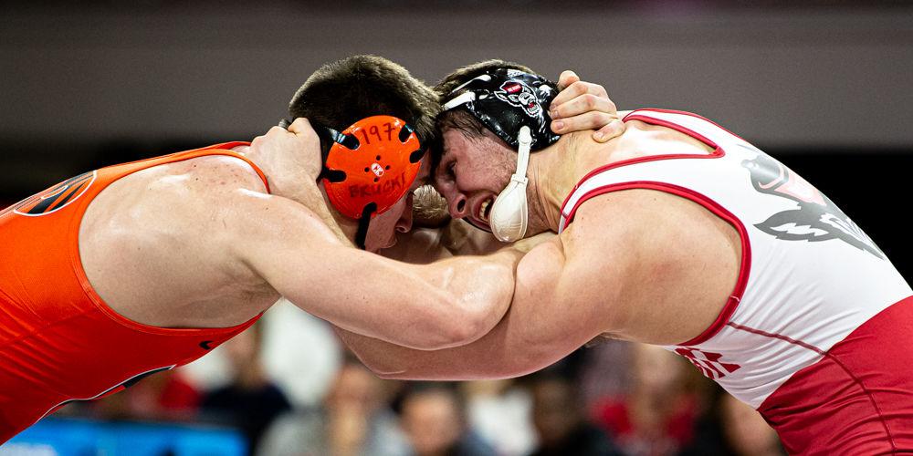 Redshirt junior Nick Reenan wrestles Princeton junior Patrick Brucki on Saturday, Jan. 11, 2020 at Reynolds Coliseum. Brucki defeated Reenan by major decision 13-3 but the Wolfpack won the dual 29-12.