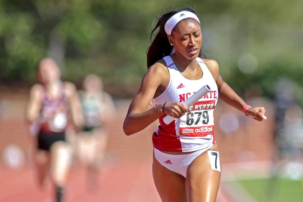 Freshman Alexis Postell crosses the finish line as the anchor for women's 4x400m. NC State took second with a 3:42.90 the second best outdoor performance in school history in the Raleigh Relays on Saturday, March 31 at the Paul Derr Track and Field Facility.