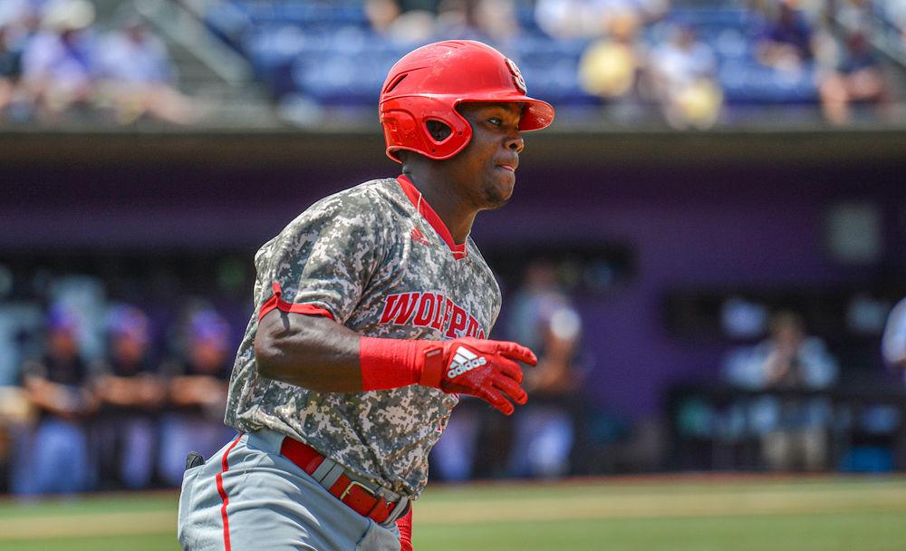Sophomore outfielder Devonte Brown approaches first base against ECU on Sunday, June 2, 2019 at Clark-LeClair Stadium in Greenville. Brown went 1-3 with one strikeout and one error in the Wolfpack&#8217;s 9-2 season-ending loss.