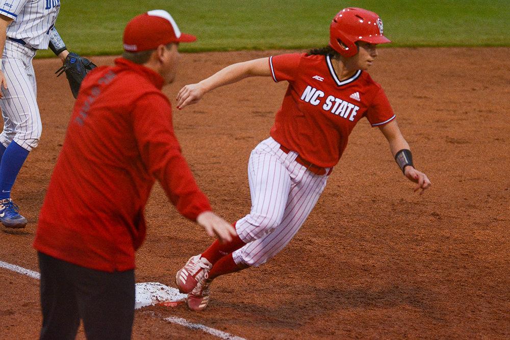 Tatyana Forbes, a fourth year outfielder, rounds third base looking to score at the softball game against Duke on Wednesday, Feb. 26, 2020 at Dail Field. The Forbes competed with the Mexico Olympic Softball Team in 2020.&#160;The Wolfpack lost to Duke 1-5.