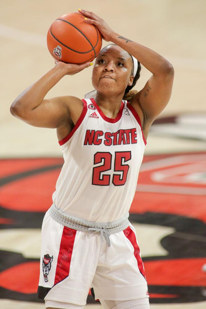 Senior forward Kayla Jones makes the free throw as No. 4 NC State women&#8217;s basketball took on Clemson on Thursday, Feb. 11, 2021 in Reynolds Coliseum.