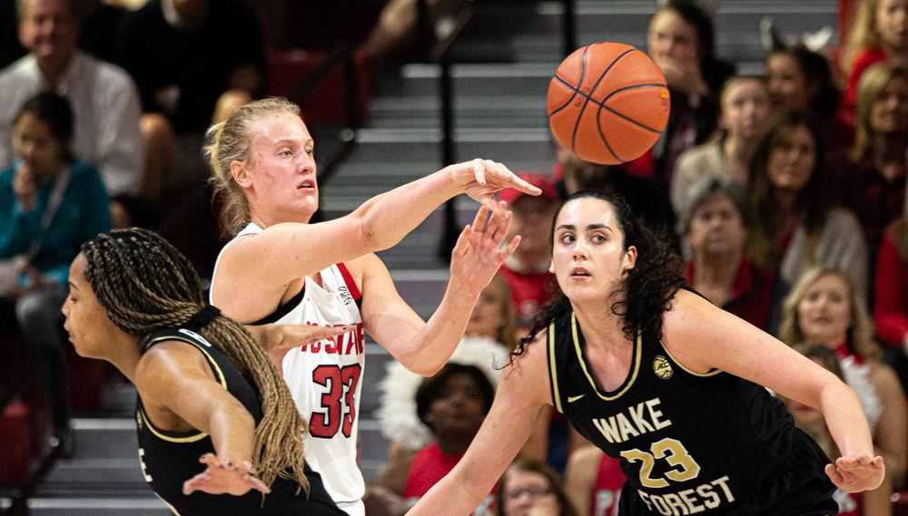 Sophomore center Elissa Cunane passes against Wake Forest on Sunday, Jan. 19, 2020 at Reynolds Coliseum. Cunane recorded 10 points and eight rebounds as the Wolfpack won 59-45.