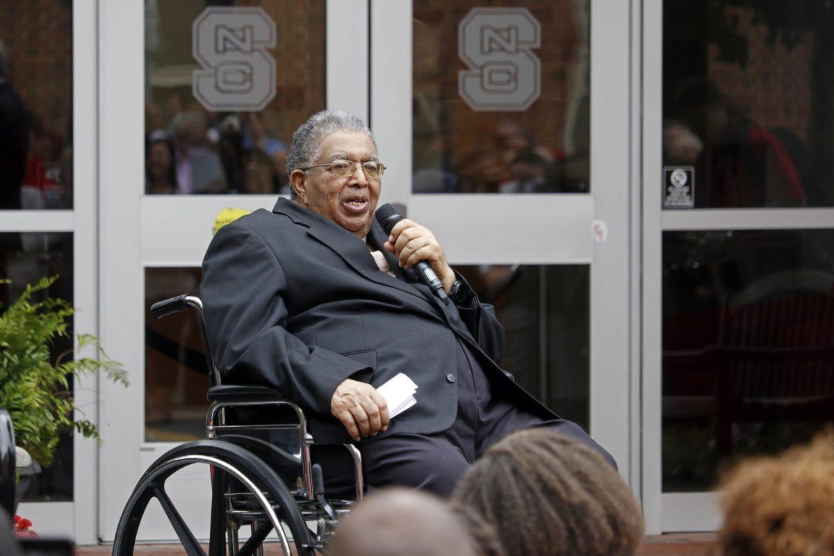 Irwin Holmes, the first African-American to earn an undergraduate degree from NC State, delivers remarks at the renaming ceremony for Holmes Hall, formerly known as University College Commons on Thursday, Nov. 1. Holmes graduated with a degree in electrical engineering.
