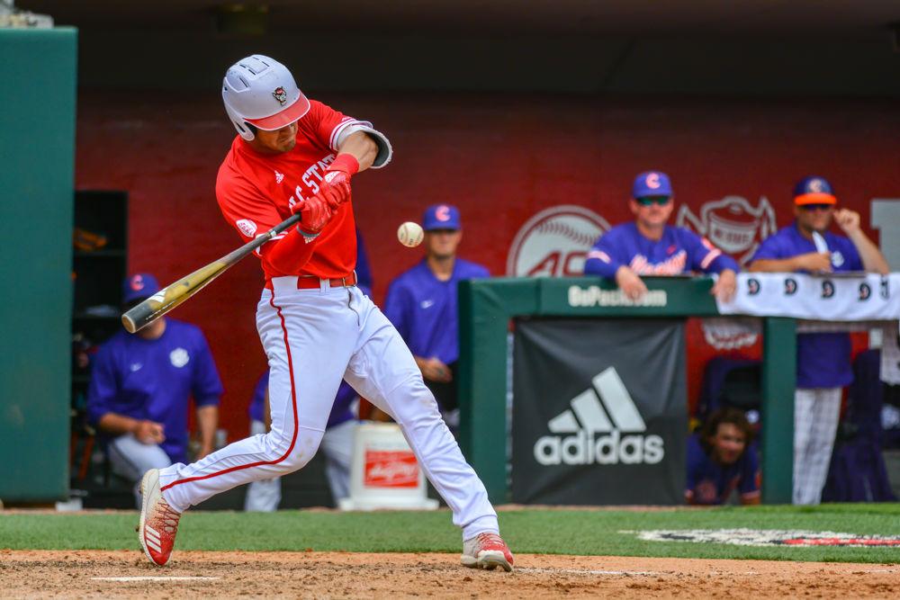 Freshman catcher/outfielder Luca Tresh takes a swing against Clemson on Saturday, May 11, 2019 at Doak Field. Tresh went 0-2 with two strikeouts and one walk in the Wolfpack&#8217;s 4-3 loss.