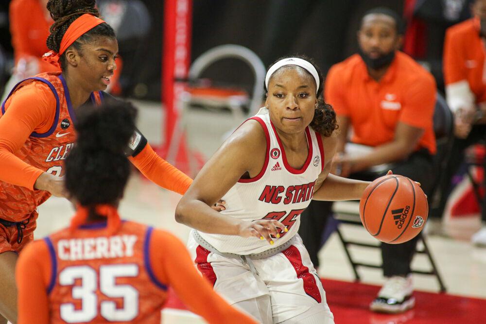 Senior forward Kayla Jones drives to the interior. Jones had a team-high 21 points on 8-10 shooting including 3-4 from deep. No. 4 NC State women&#8217;s basketball took down Clemson 86-65 on Thursday, Feb. 11, 2021 in Reynolds Coliseum.