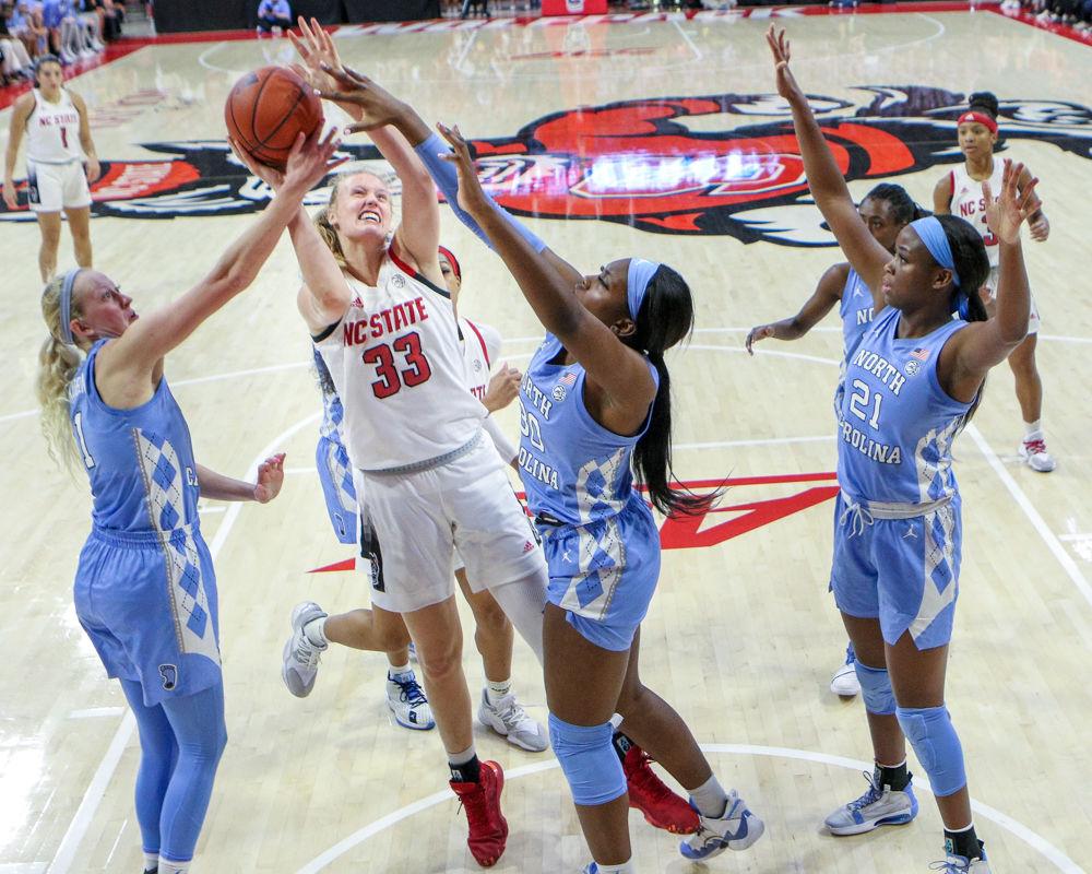 Sophomore center Elissa Cunane goes up for a contested shot drawing the foul. Cunane drew 11 fouls and shot an impressive 14-16 at the charity stripe on the way to a 22-point 17-rebound double-double during the 76-68 win over UNC in Reynolds Coliseum on Sunday, Jan. 27, 2020.