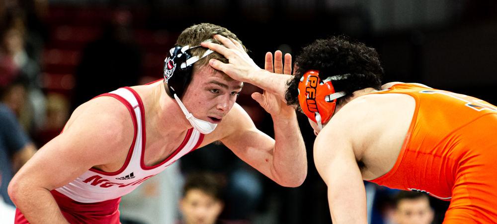 Redshirt junior Thomas Bullard wrestles Princeton sophomore Grant Cuomo on Saturday, Jan. 11, 2020 at Reynolds Coliseum. Bullard lost by decision 7-6, but the Wolfpack was able to get the overall win 29-12.