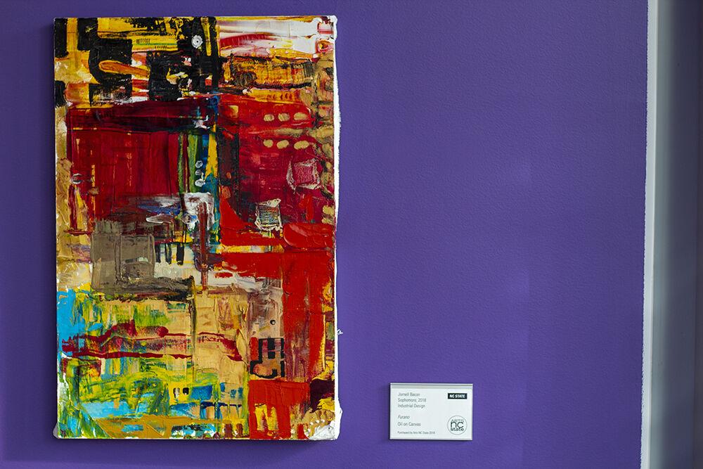 An oil painting titled "Furano" by Jornell Bacon, who in 2018 was a sophomore in industrial design, sits on a wall in Talley Student Union on Tuesday, Feb. 2, 2020.