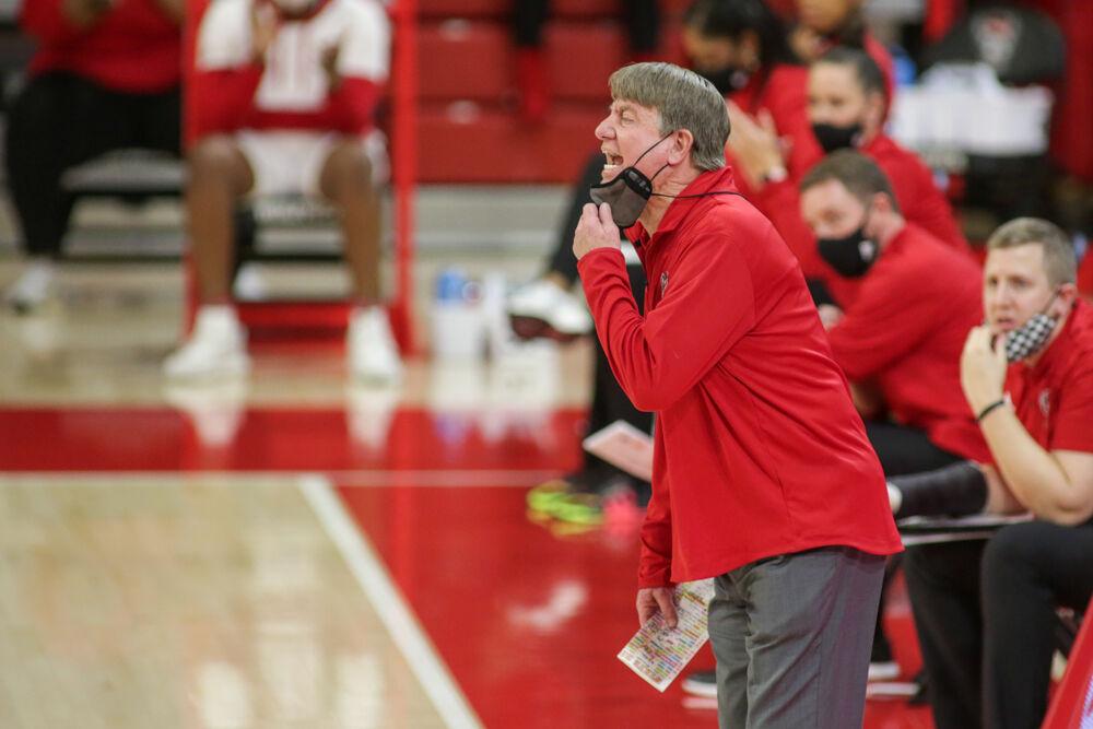 Head coach Wes Moore yells to his players as No. 4 NC State women&#8217;s basketball took on Clemson on Thursday, Feb. 11, 2021 in Reynolds Coliseum.