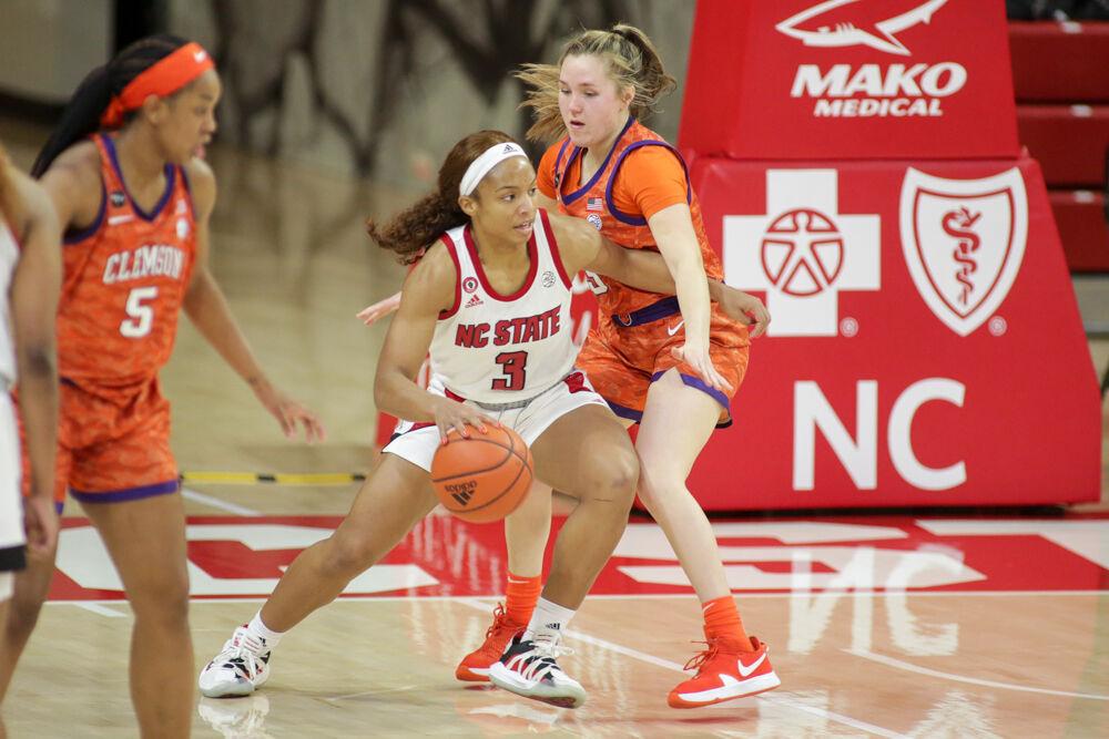 Senior guard Kai Crutchfield pushes to the interior. No. 4 NC State women&#8217;s basketball took down Clemson 86-65 on Thursday, Feb. 11, 2021 in Reynolds Coliseum.