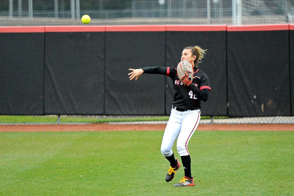 Junior outfielder Angie Rizzi relays the ball back to the infield on Sunday, Feb. 17, 2019 at Dail Softball Stadium. Rizzi went 0-2 with one walk in the Wolfpack&#8217;s 6-3 loss to Wisconsin.
