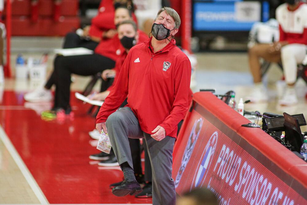 Head coach Wes Moore shows frustration with his team as No. 4 NC State women&#8217;s basketball took down Clemson on Thursday, Feb. 11, 2021 in Reynolds Coliseum.
