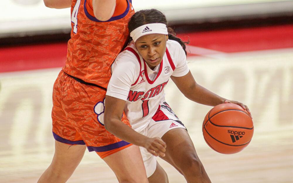 Freshman guard Genesis Bryant drives to the interor as the No. 4 NC State women&#8217;s basketball took down Clemson 86-65 on Thursday, Feb. 11, 2021 in Reynolds Coliseum.
