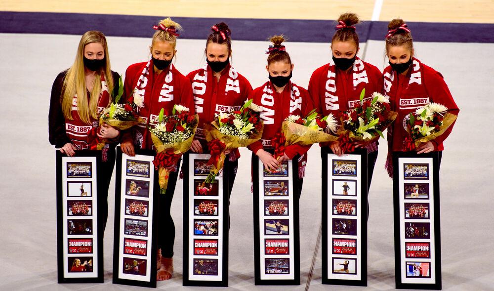 Seniors Sara Watson, Kasey Nelson, Lauren Kent, Katie Cox, Olivia Hunter and Victoria Prati pose for photos on senior day, Saturday, March 13, 2021 at Reynolds Coliseum. The Wolfpack beat Long Island University with a team score of 196.900.