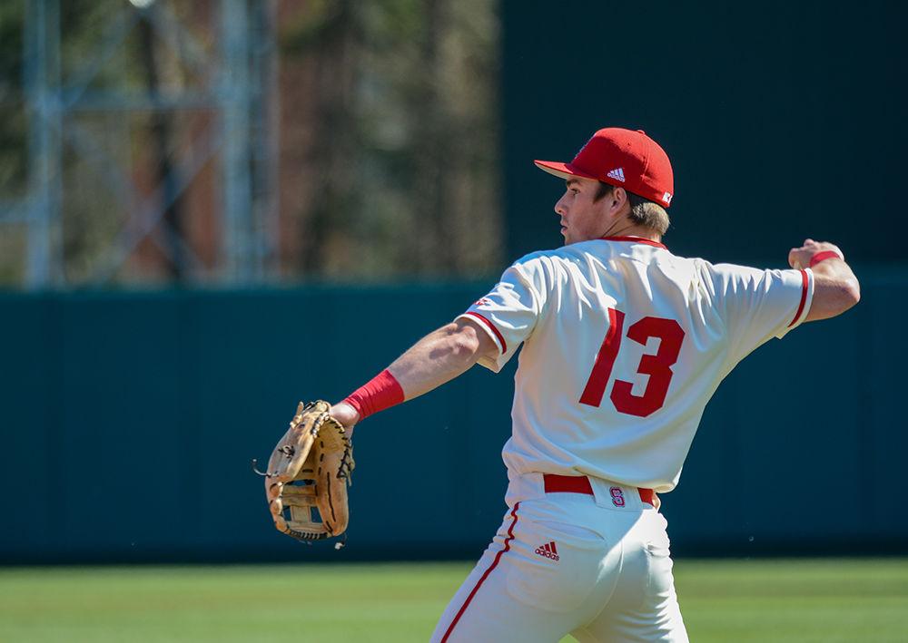 Sophomore infielder Tyler McDonough prepares to throw the ball back to the pitcher during the match against Tennessee Tech at Doak Field on Sunday, Feb. 23, 2020. McDonough had 2 catches over the course of the game.