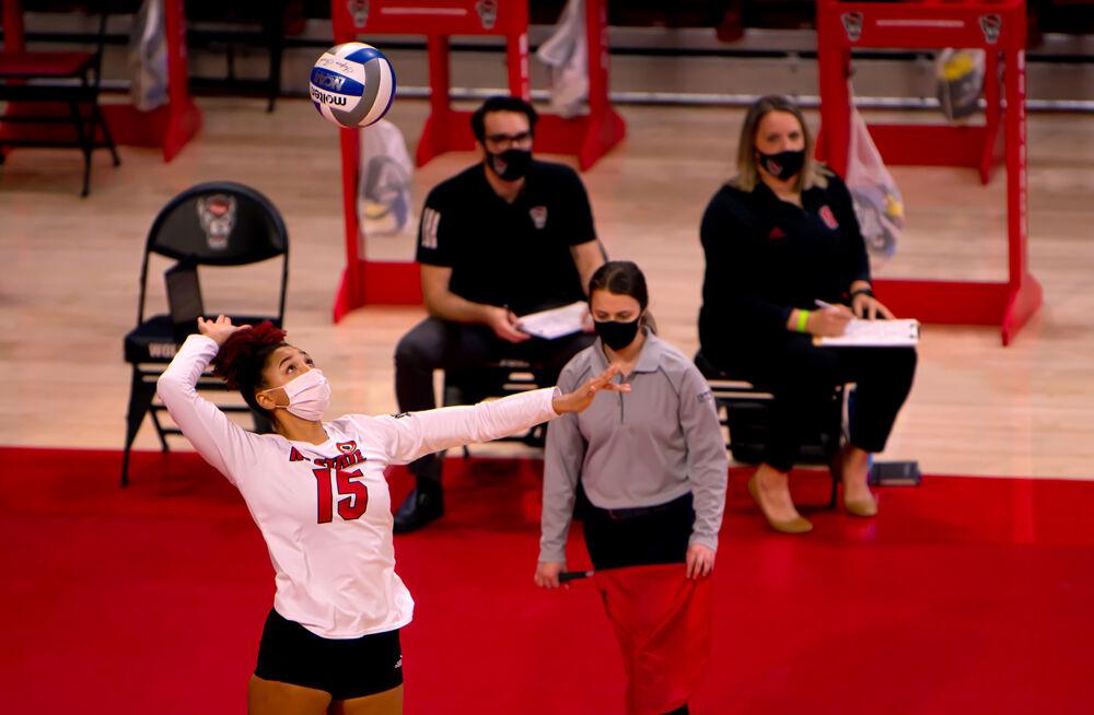 Junior outside hitter Jade Parchment serves against Clemson on Friday, March 19, 2021 at Reynolds Coliseum. Parchment recorded 13 kills as the Wolfpack won in straight sets.
