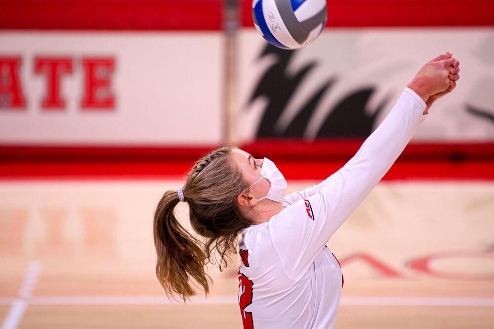 Redshirt sophomore outside hitter Taylor Rowland volleys against Duke on Friday, Feb. 26, 2021 at Reynolds Coliseum. The Wolfpack won in five sets.
