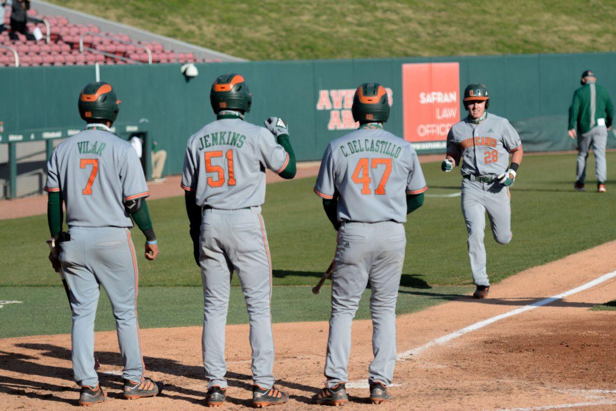 Miami Hurricanes teammates await sophomore outfielder Jordan Lala after his homerun scored 3 RBIs on Friday, March 5, 2021 at Doak Field. Miami lost the opening game of a 3 game series against the Wolfpack by a score of 11-5.