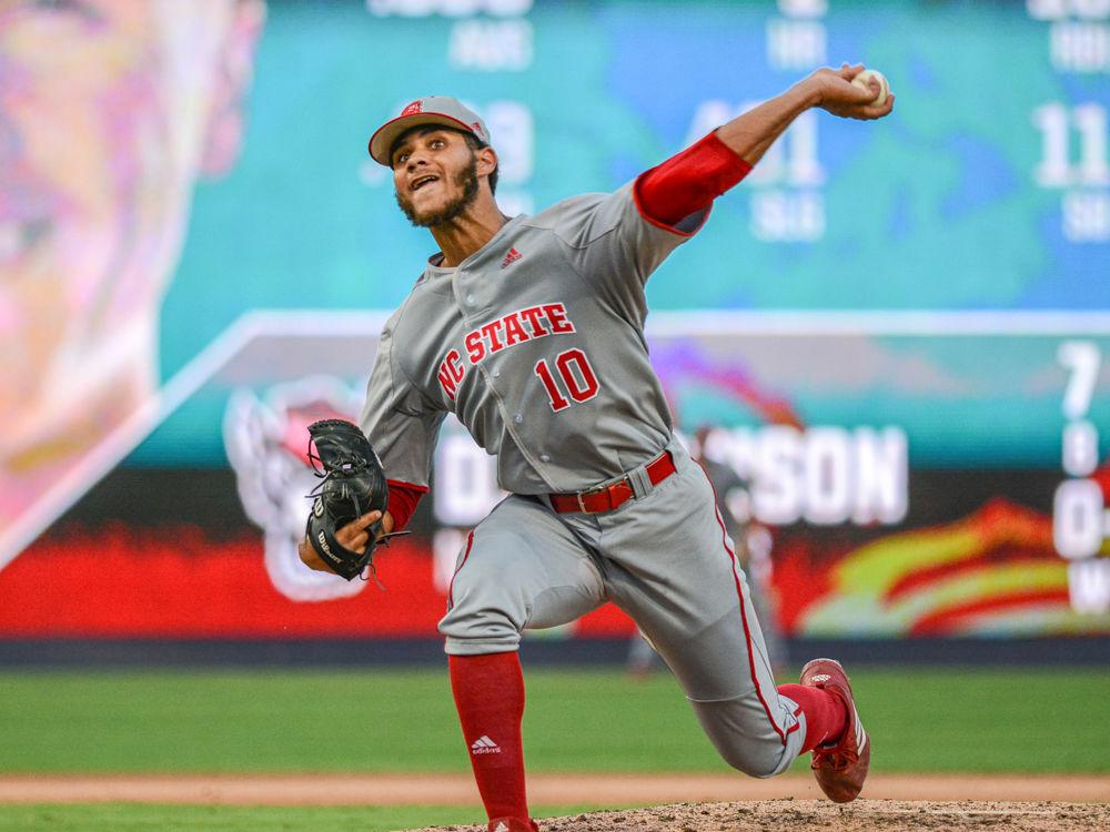 Sophomore pitcher David Harrison delivers the ball against Georgia Tech in the ACC Tournament on Saturday, May 25, 2019 at Durham Bulls Athletic Park. Harrison pitched two innings, striking out three while giving up two hits and one walk. The Wolfpack lost 9-2.