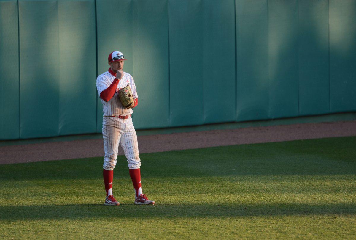 Junior outfielder Jonny Butler awaits in the outfield on Friday, March 5, 2021 at Doak Field. Butler had 2 hits and scored 1 run during the Wolfpack&#8217;s 11-5 win over the Miami Hurricanes.