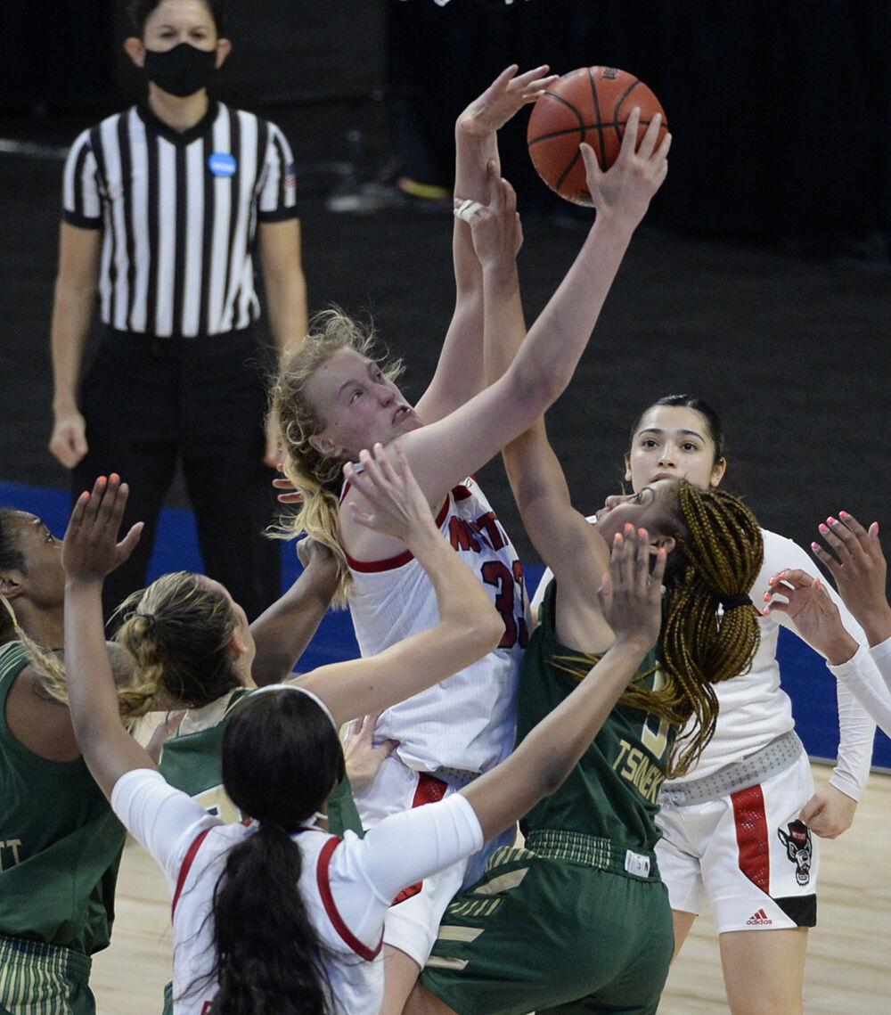 SAN ANTONIO, TX - MARCH 23: South Florida vs North Carolina State during the Division I Women&#8217;s Basketball Tournament held at the Alamodome on March 23, 2021 in San Antonio, TX. (Photo by Mark Sobhani/NCAA Photos)