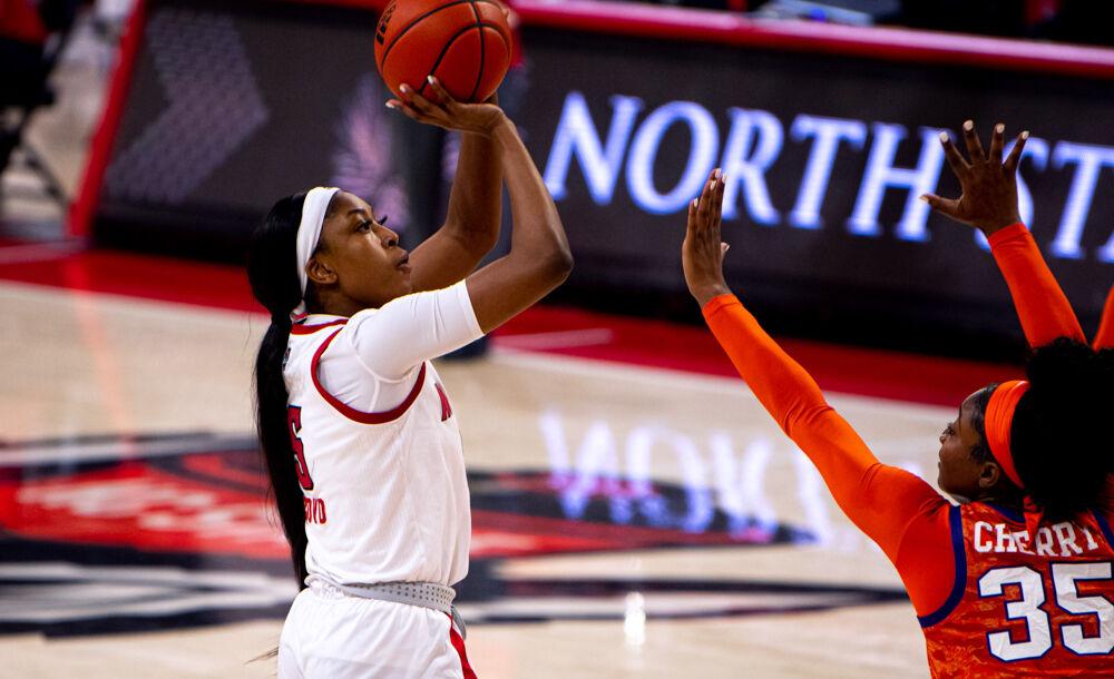 Sophomore forward Jada Boyd shoots against Clemson on Thursday, Feb. 11, 2021 at Reynolds Coliseum. Boyd scored nine points as the Wolfpack won 86-65.