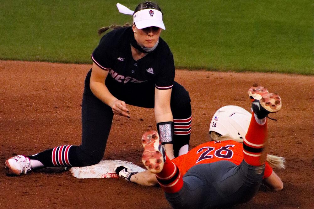 Kaylee Lambrecht, a freshman, tags out a Virginia Tech player on Friday, Mar. 12 at Dail Softball Field. Farricker had one put out. NCSU lost to the Hokies 2-4.
