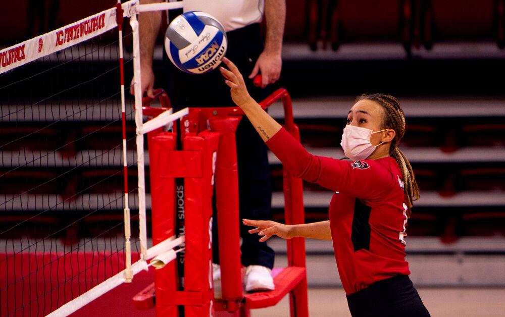 Senior opposite hitter Melissa Evans attacks Boston College on Sunday, March 21, 2021 at Reynolds Coliseum. Evans recorded 11 kills and five digs as the Wolfpack won in straight sets.
