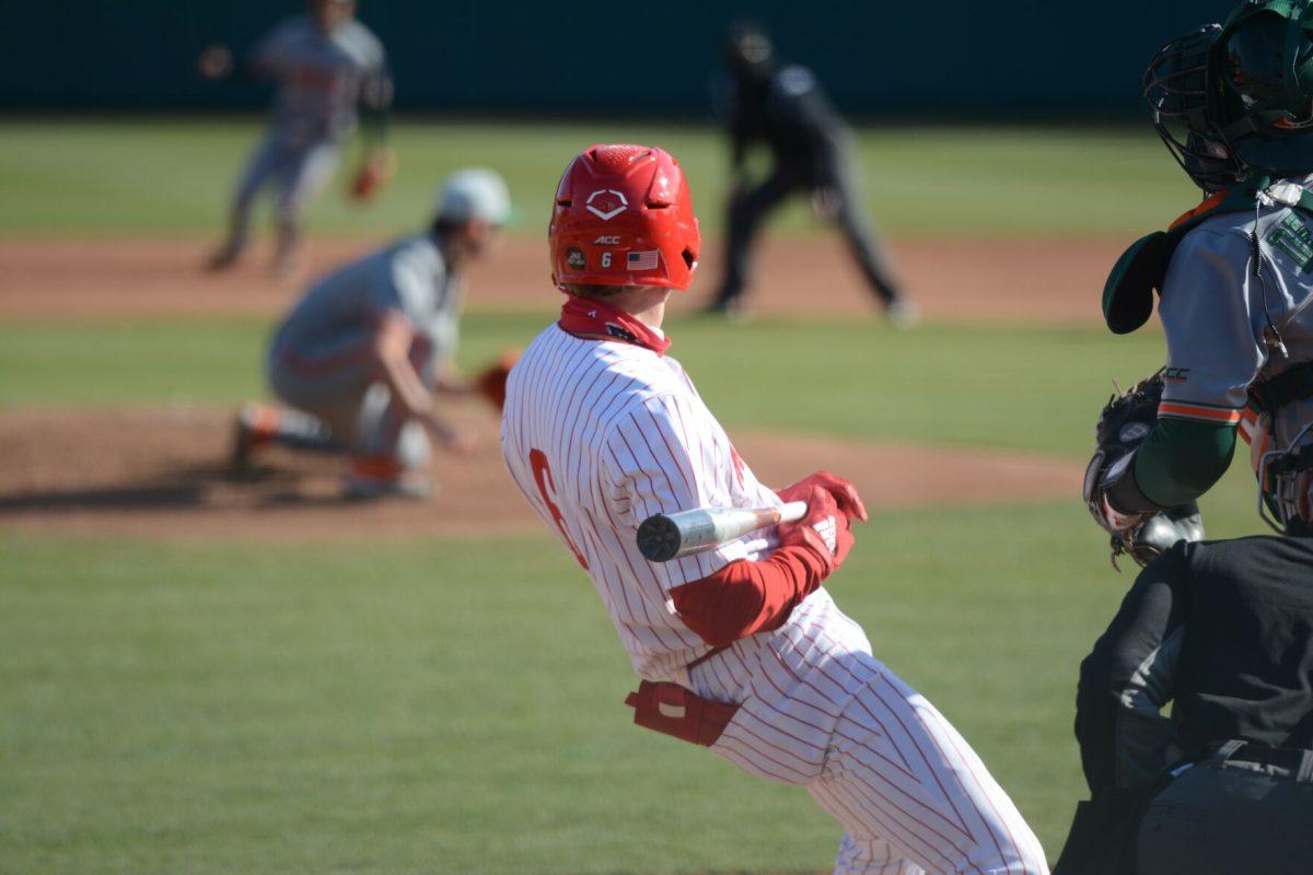 Sophomore infielder Vojtech Mensik leans to avoid being hit by an oncoming pitch on Friday, March 5, 2021 at Doak Field. The Wolfpack defeated the sixth ranked Miami Hurricanes by a score of 11-5