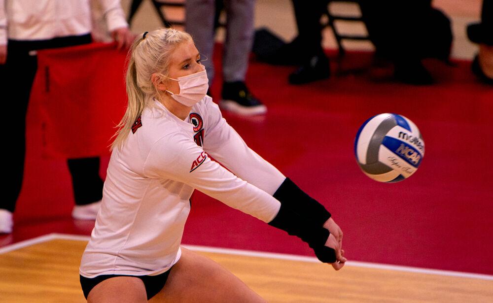 Redshirt junior libero Kaylee Frazier digs against Boston College on Sunday, March 21, 2021 at Reynolds Coliseum. Frazier recorded nine digs as the Wolfpack won in straight sets.