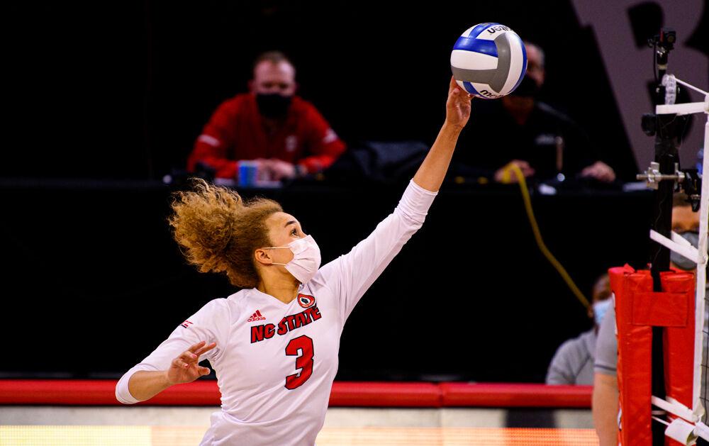Senior opposite hitter Melissa Evans attacks Duke on Friday, Feb. 26, 2021 at Reynolds Coliseum. Evans recorded 24 kills and 14 digs as the Wolfpack won in five sets.