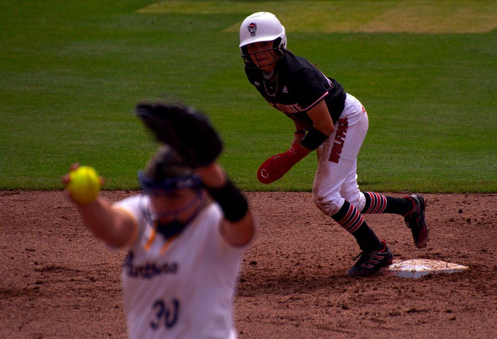 Redshirt senior outfielder Angie Rizzi takes a lead off second base against Pittsburgh on Saturday, April 10, 2021 at Dail Softball Stadium. Rizzi went 3-4 with a home run, a double and a stolen base. The Wolfpack won the first game of the doubleheader 7-3.
