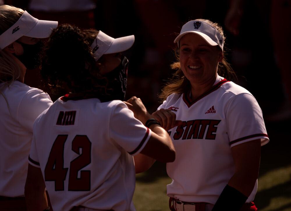 Redshirt junior infielder Logan Morris gets introduced as a starter on Friday, April 16, 2021 at Dail Softball Stadium. Morris went 2-3 with a home run and three runs batted in as the Wolfpack beat No. 15 LSU 3-1.