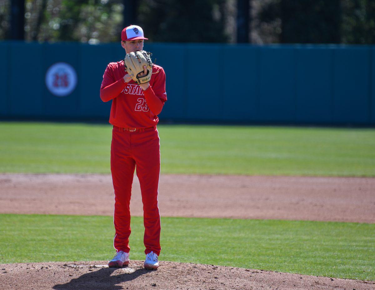 Freshman pitcher Matt Willadsen prepares to pitch during the game versus the Miami Hurricanes on Sunday, March 7, 2021 in Doak Field at Dail Park. The Hurricanes beat the Wolfpack 6-4.