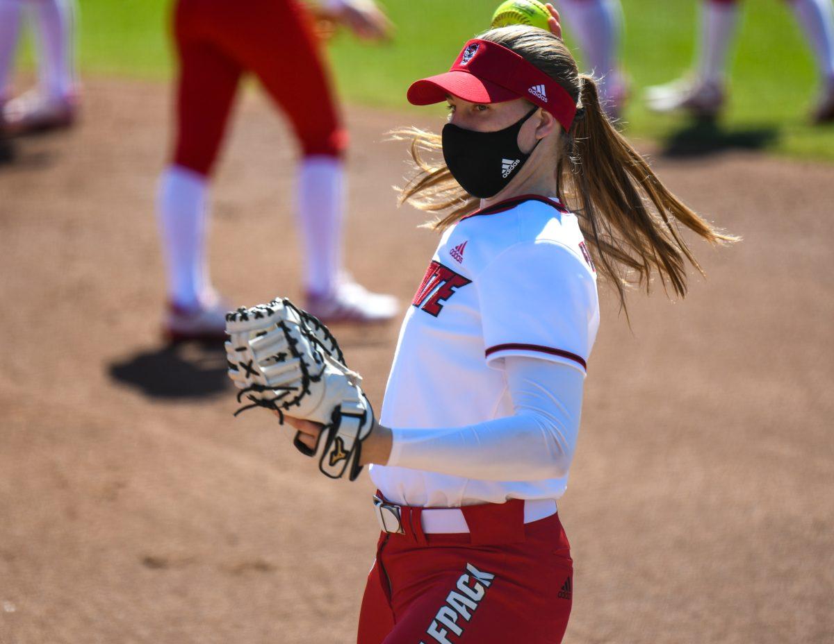 Redshirt junior infielder Randi Farricker warms up before the final game of the Georgia Tech series on Sunday, March 7, 2021 in Dail Stadium. Farricker had one home run for NC State. The Wolfpack beat the Yellow Jackets 5-2.