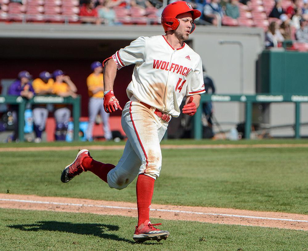 Junior outfielder Jonny Butler runs to first base during the match against Tennessee Tech at Doak Field on Sunday, Feb. 23, 2020. Butler had 1 hit and 1 run over the course of the game.