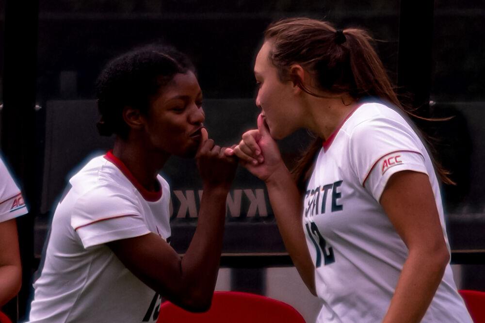 Sophomore forward Jameese Joseph and sophomore midfielder Jaiden Thomas take the field to play Boston College on Saturday, April 17, 2021 at Dail Soccer Field. The Wolfpack won 3-1.
