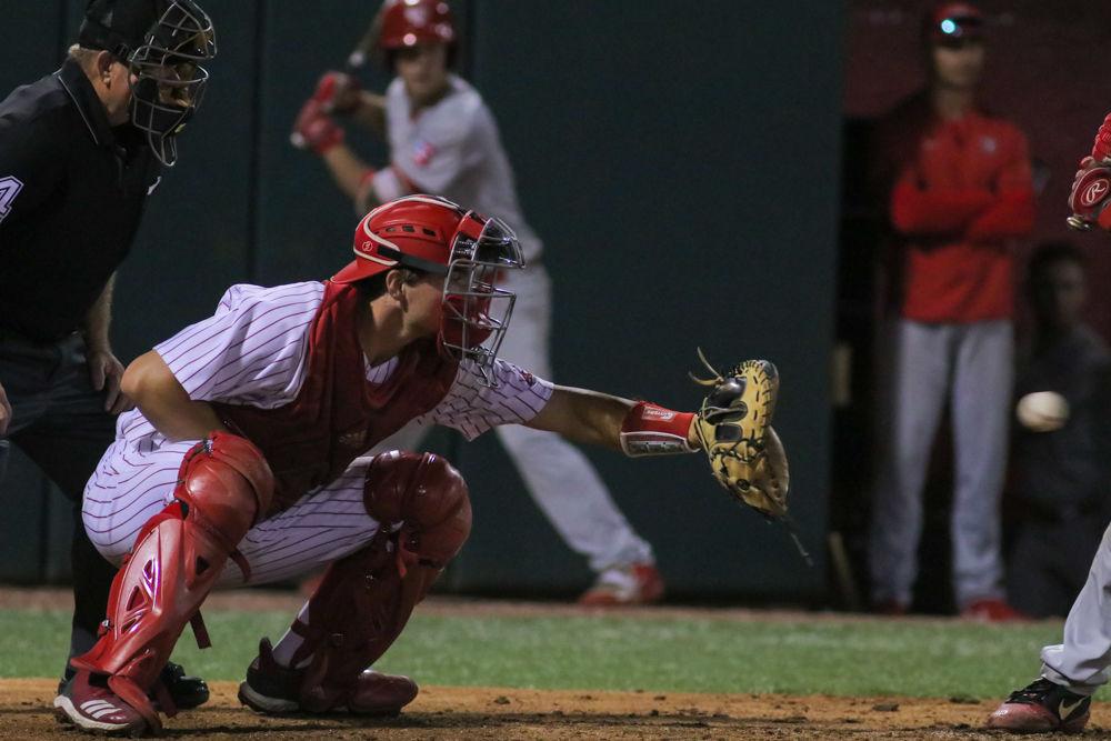 Sophmore Catcher Patrick Bailey catches a ball versus Radford on Friday, May 3, 2019 at Doak Field. Bailey had one strike out during the game which the Wolfpack won 6-3.