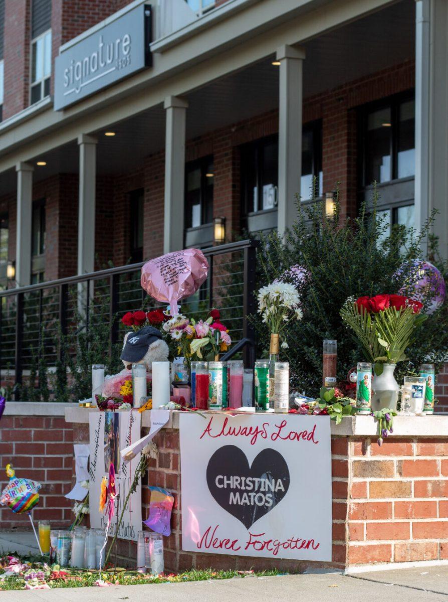 A memorial for Christina Matos stands outside of Signature 1505 on Wednesday, April 8, 2021.