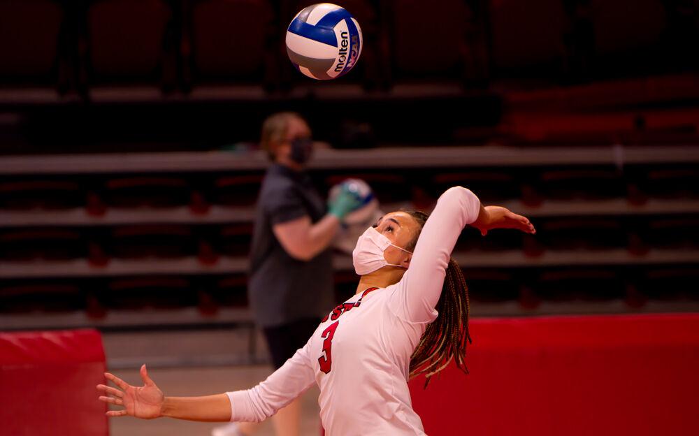 Senior opposite hitter Melissa Evans serves against Clemson on Friday, March 19, 2021 at Reynolds Coliseum. Evans recorded 15 kills as the Wolfpack won in straight sets.