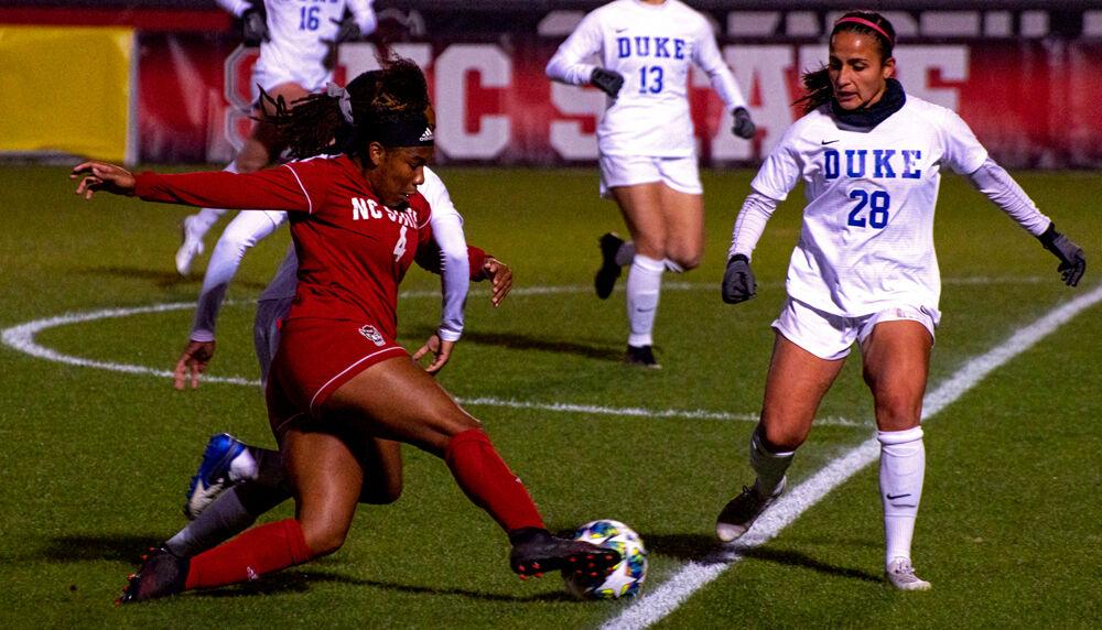 Sophomore forward Leyah Hall-Robinson attacks the Duke defense on Friday, April 2, 2021 at Dail Soccer Field. The Wolfpack lost 1-0.