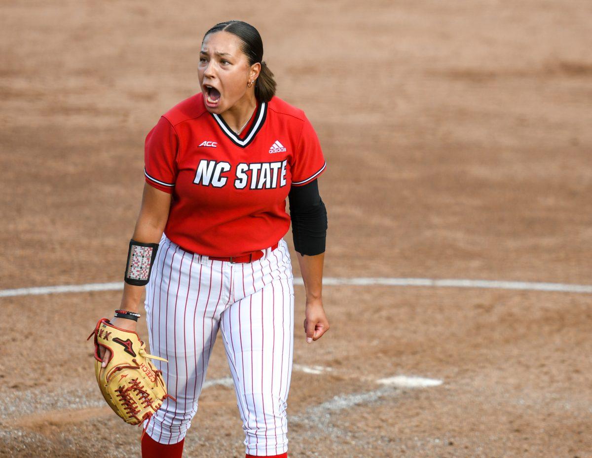 Freshman pitcher Estelle Czech celebrates after she strikes out a Louisiana State University hitter on Saturday, April 17, 2021 in Dail Softball Stadium. The Wolfpack lost to LSU 2-1.