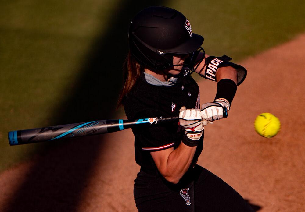 Redshirt freshman outfielder Kelsey O&#8217;Connor checks a swing against Duke on Saturday, May 8, 2021 at Dail Softball Stadium. The Wolfpack lost both games of the doubleheader by a combined score of 11-2.