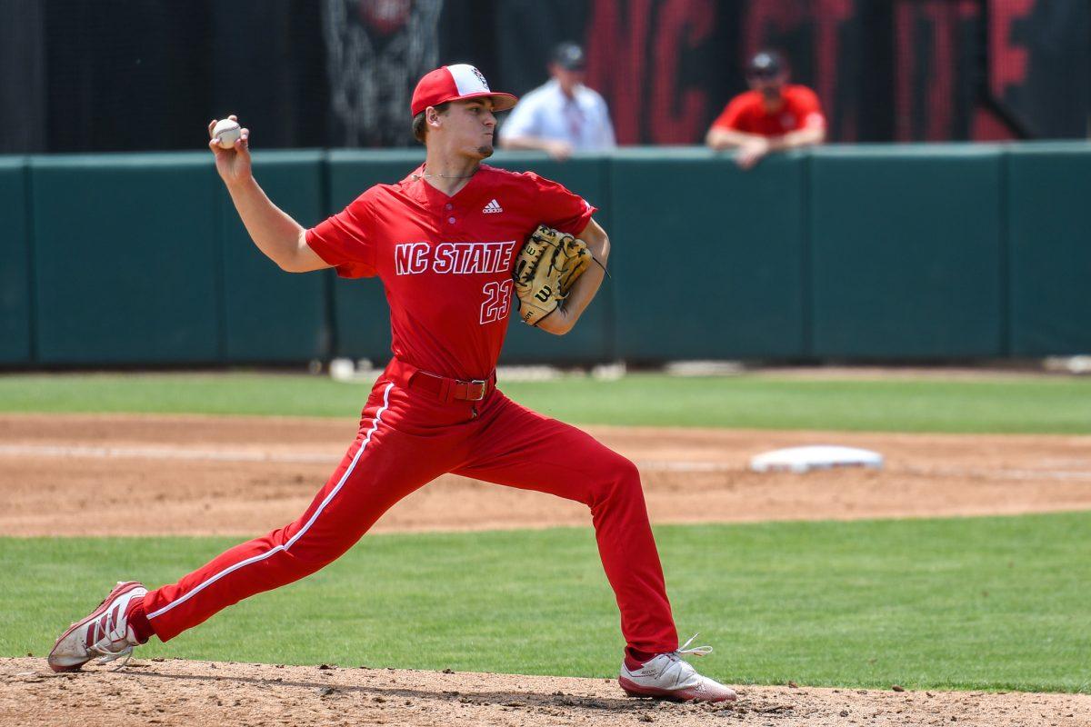 Freshman pitcher Matt Willadsen pitches during the game versus the Florida State Seminoles on Saturday, May 22, 2021 in Doak Field at Dail Park. The Wolfpack lost to the Seminoles 15-11.