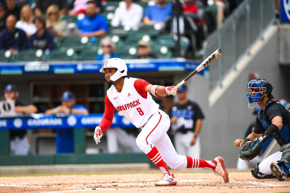 Freshman infielder Jose Torres runs after batting at the ACC Championship game against Duke held at Truist Field on Sunday, May 27, 2021.&#160;