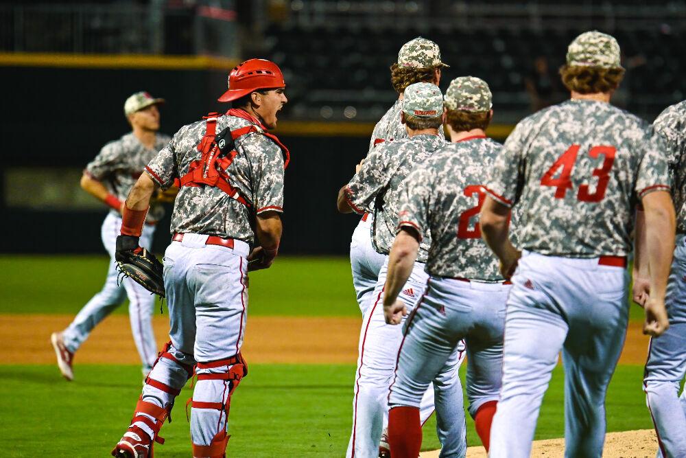 Sophomore catcher Luca Tresh celebrates with his teammates after defeating the Pitt Panthers 3-2 on Thursday, May 27, 2021 in Charlotte during the ACC Championship.