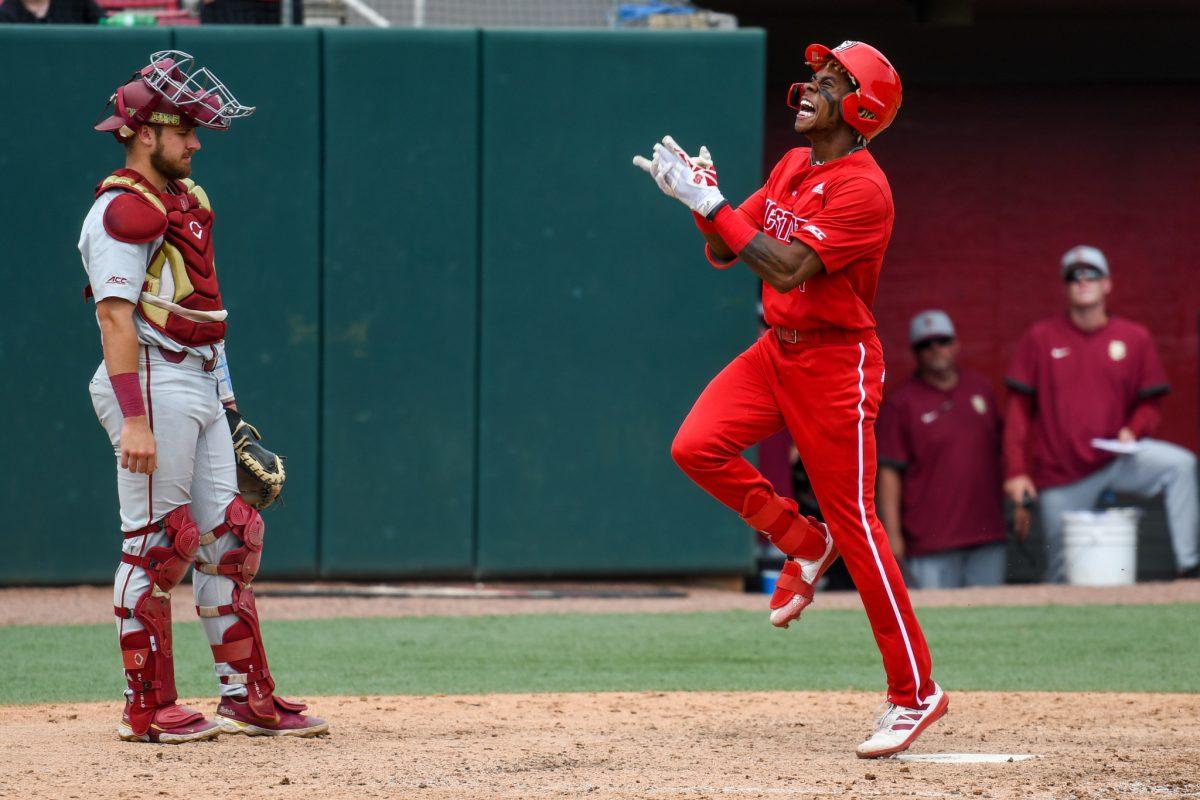 Junior outfielder Terrell Tatum celebrates after hitting a home run during the game versus the Florida State Seminoles on Saturday, May 22, 2021 in Doak Field at Dail Park. The Wolfpack lost to the Seminoles 15-11.