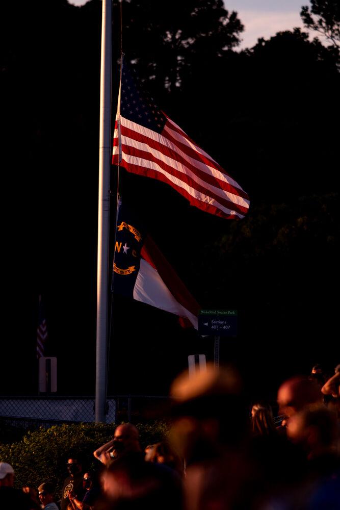 The U.S. national anthem plays before the match between the Orlando Pride and the North Carolina Courage on Saturday, May 1, 2021 at WakeMed Soccer Park. COVID-19 capacity restrictions limited the sellout crowd to over 2,400 fans in a stadium of 10,000 seats.