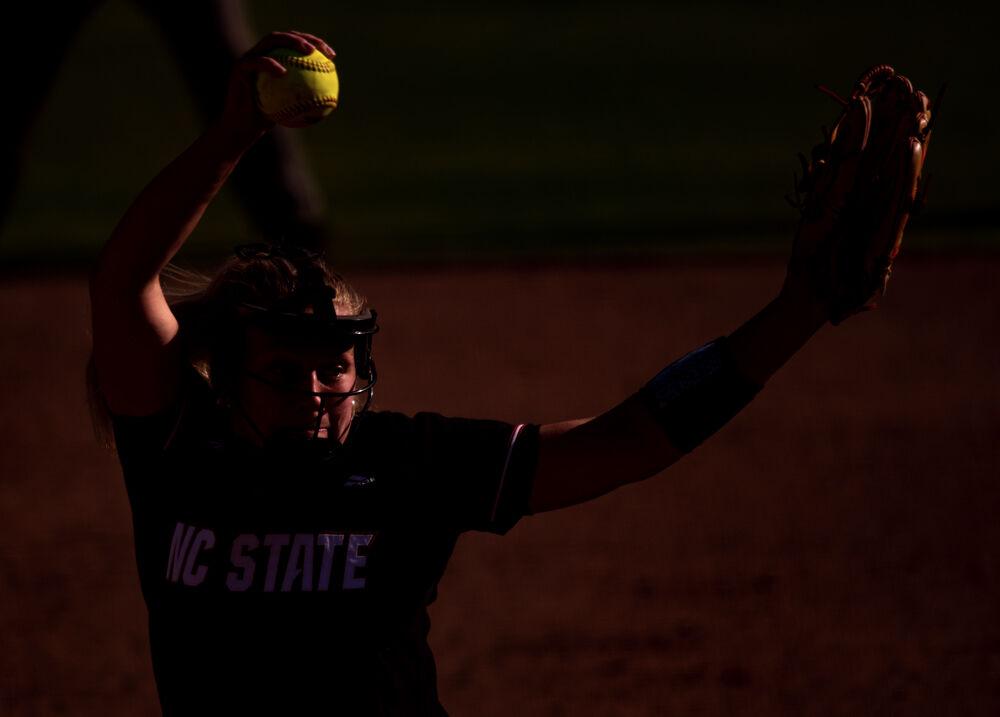 Redshirt sophomore pitcher Sydney Nester winds up against Duke on Saturday, May 8, 2021 at Dail Softball Stadium. Nester pitched four innings in game one of the doubleheader, striking out four with two earned runs on two hits and four walks. The Wolfpack lost both games of the doubleheader by a combined score of 11-2.
